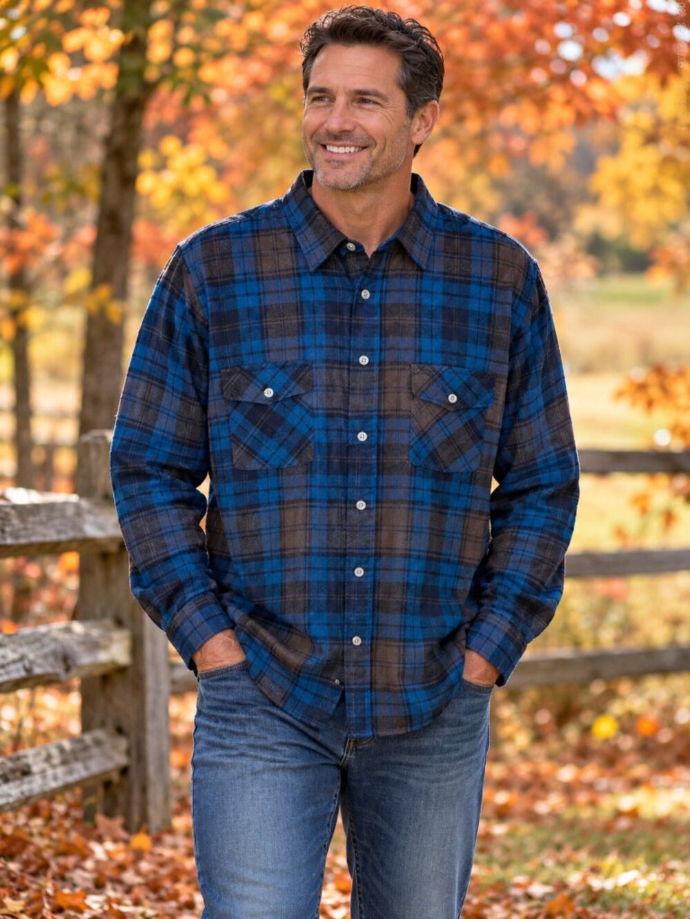 VAN HEUSEN Winterweights Men"s Flannel Shirt Button-Up Blue/Brown Plaid NWOT XL